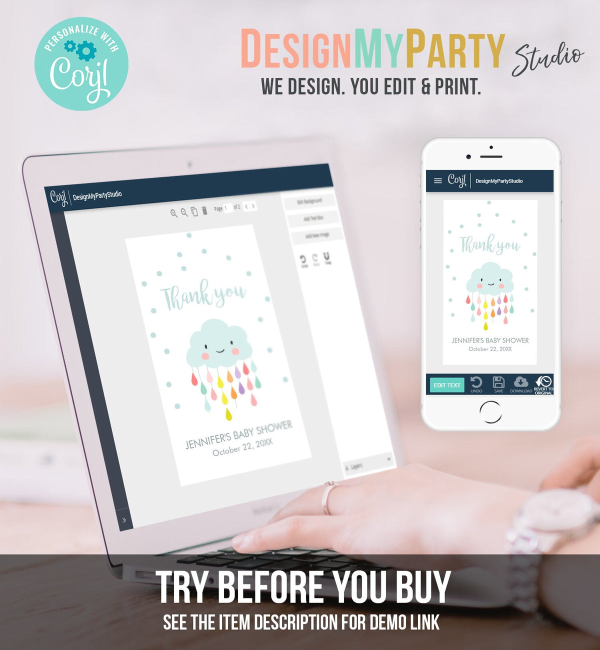 Editable Cloud Baby Shower Favor Tags Cloud Labels Cloud Thank you Tags Gift Tag Raindrops Blue Boy Sprinkle Tags Template Corjl 0036