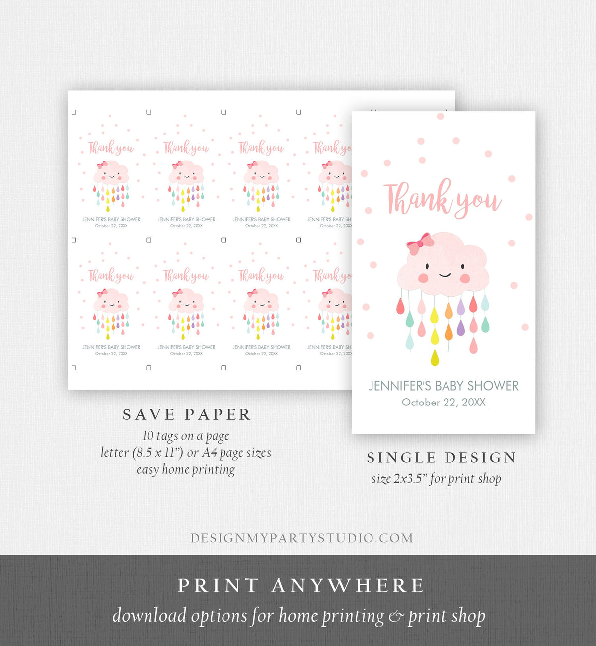 Editable Cloud Baby Shower Favor Tags Cloud Labels Cloud Thank you Tags Gift Tag Raindrops Girl Pink Sprinkle Tags Template Corjl 0036