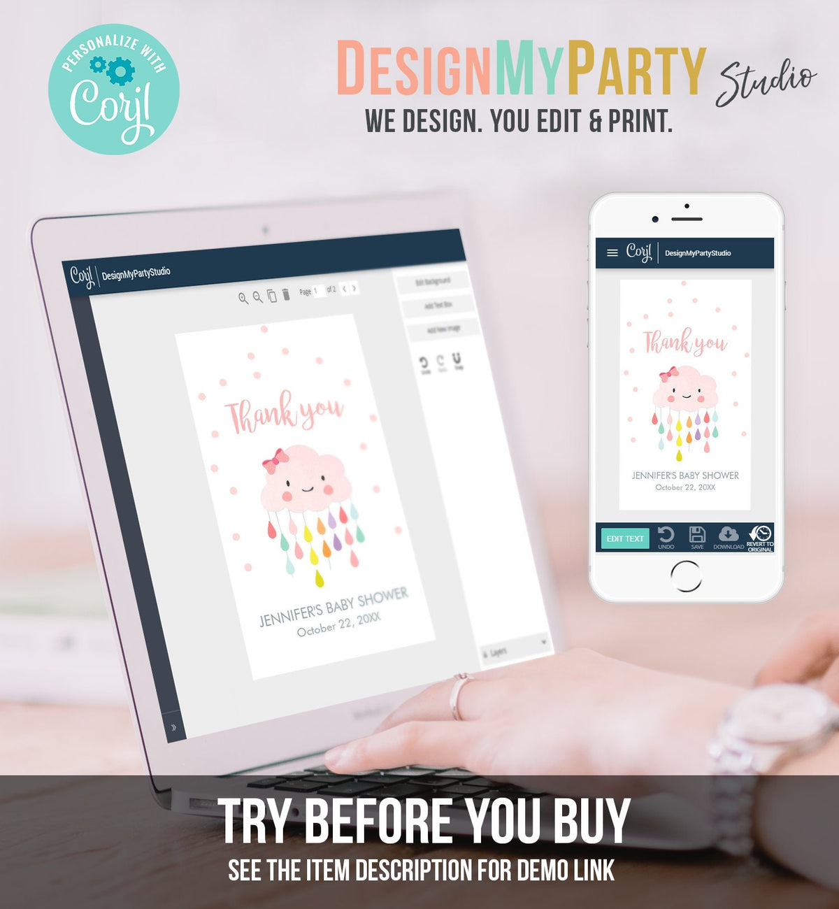 Editable Cloud Baby Shower Favor Tags Cloud Labels Cloud Thank you Tags Gift Tag Raindrops Girl Pink Sprinkle Tags Template Corjl 0036