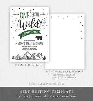 Editable A Onederful Wild Adventure First Birthday Invitation Wild Things Boy Mountains Bear Outdoor Hunter Green Corjl Template 0083
