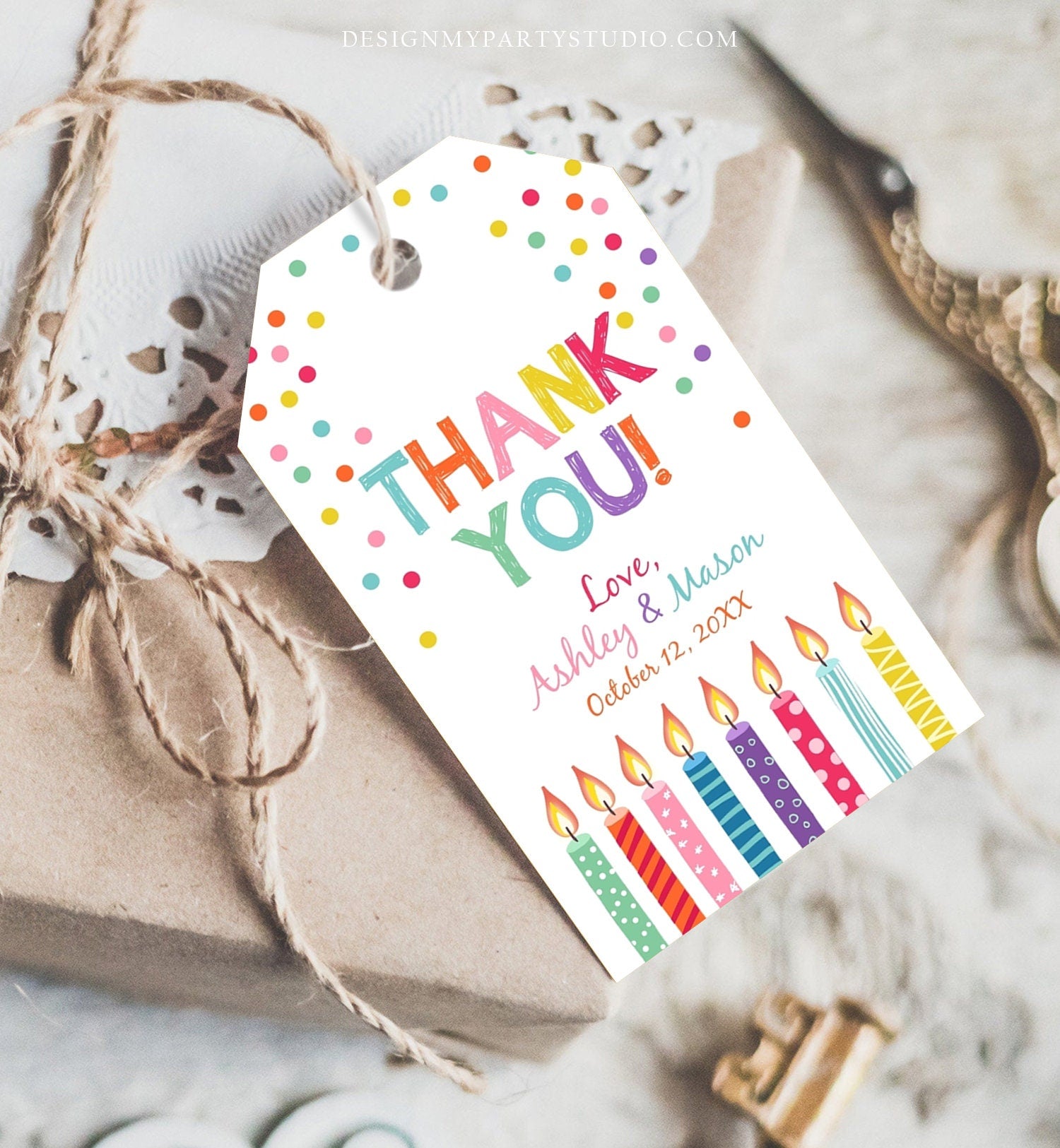 Editable Candles Confetti Favor Tags Joint Twin Birthday Thank You Tag Label Candle Colorful Boy Girl Shower Digital Template Printable 0277