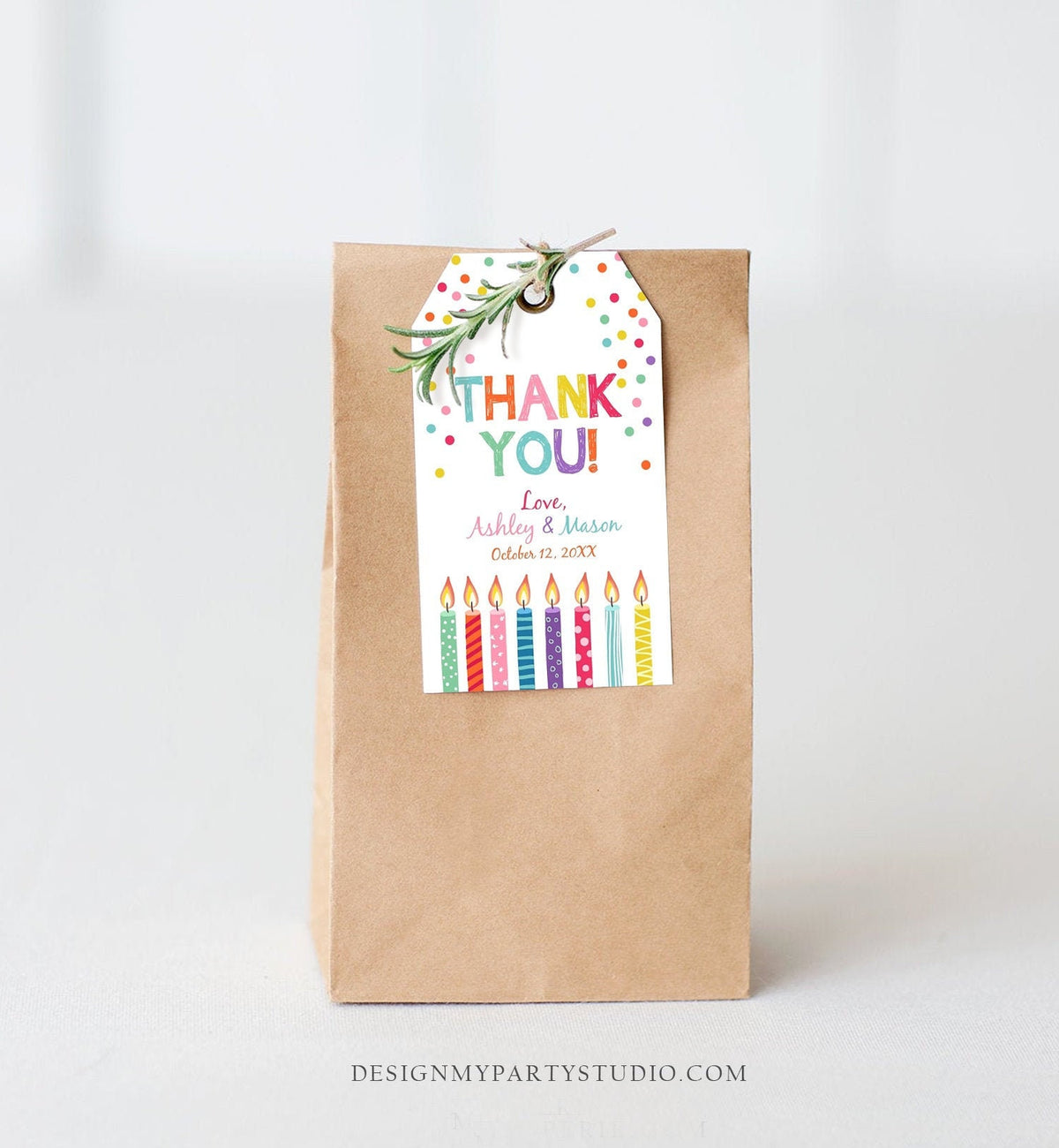 Editable Candles Confetti Favor Tags Joint Twin Birthday Thank You Tag Label Candle Colorful Boy Girl Shower Digital Template Printable 0277
