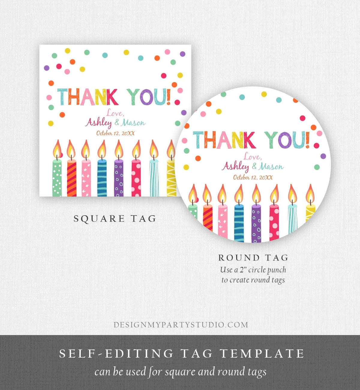 Editable Candles Confetti Favor Tags Joint Twin Birthday Thank You Tags Label Candle Colorful Square Round Corjl Template Printable 0277