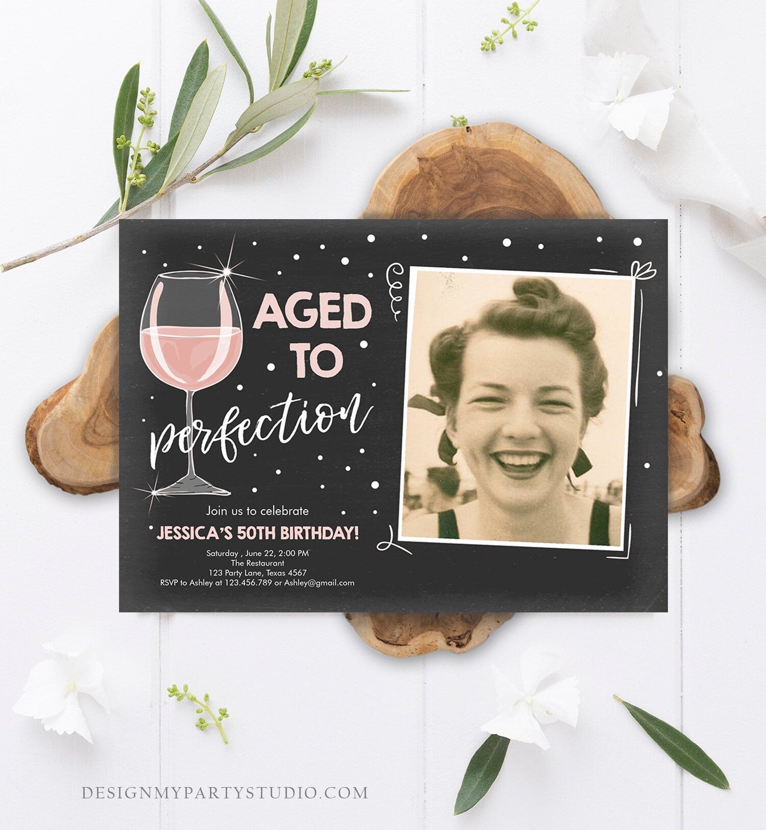 Editable Aged to Perfection Birthday Invitation Wine Adult Birthday Invite Rustic Surprise Blush Pink Download Printable Template Corjl 0252
