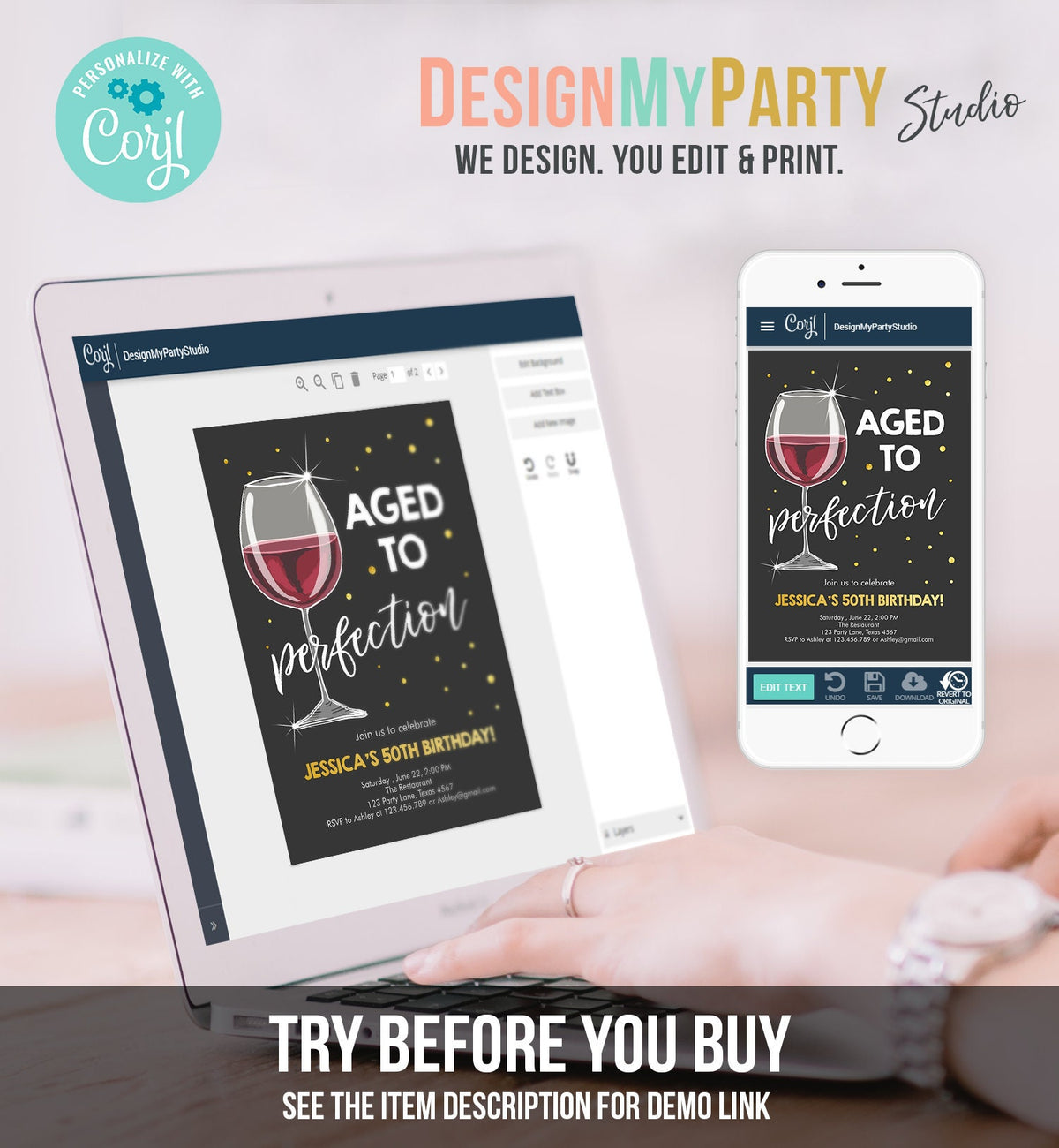 Editable Aged to Perfection Birthday Invitation Wine Adult Birthday Invite Rustic Surprise Digital Download Template Printable 0252