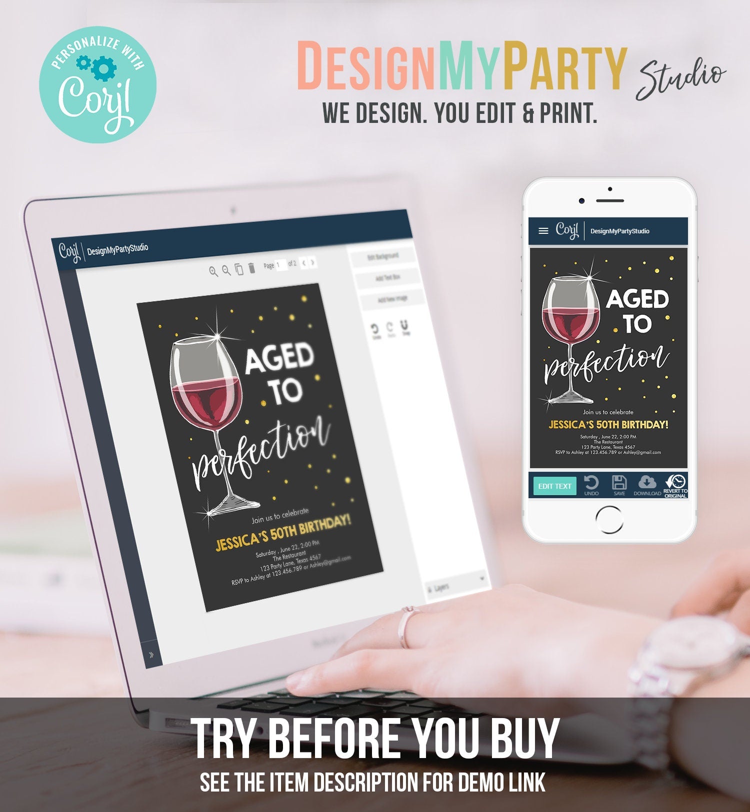 Editable Aged to Perfection Birthday Invitation Wine Adult Birthday Invite Rustic Surprise Digital Download Template Printable 0252