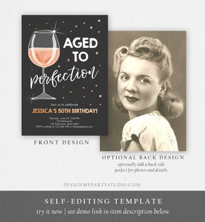Editable Aged to Perfection Birthday Invitation Wine Adult Birthday Invite Rustic Surprise Gold Pink Download Printable Template Corjl 0252
