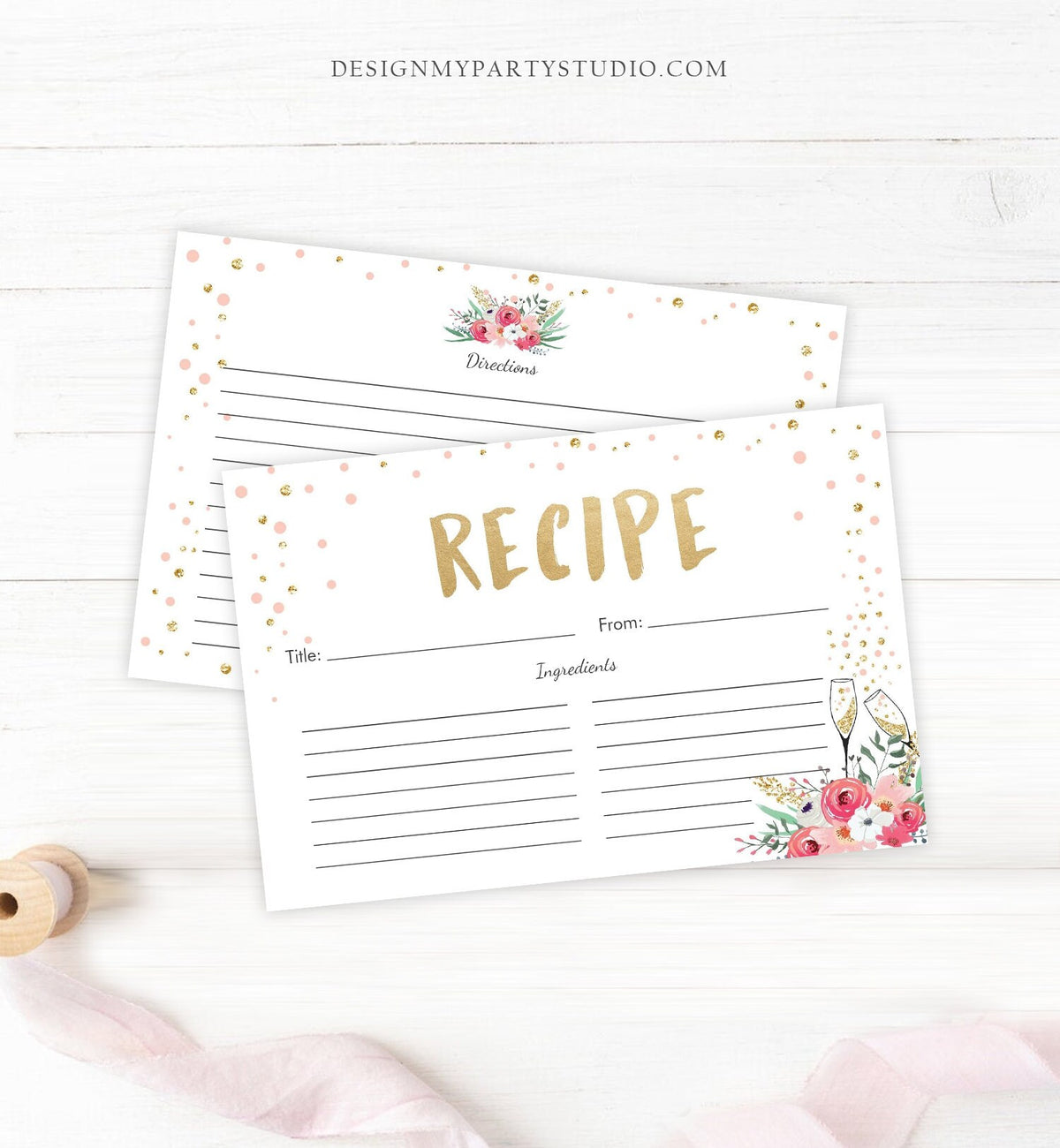 Editable Pink Floral Recipe Cards Brunch and Bubbly Bridal Shower Gold Confetti Double Sided 4x6 Download Corjl Template Printable 0030 0318