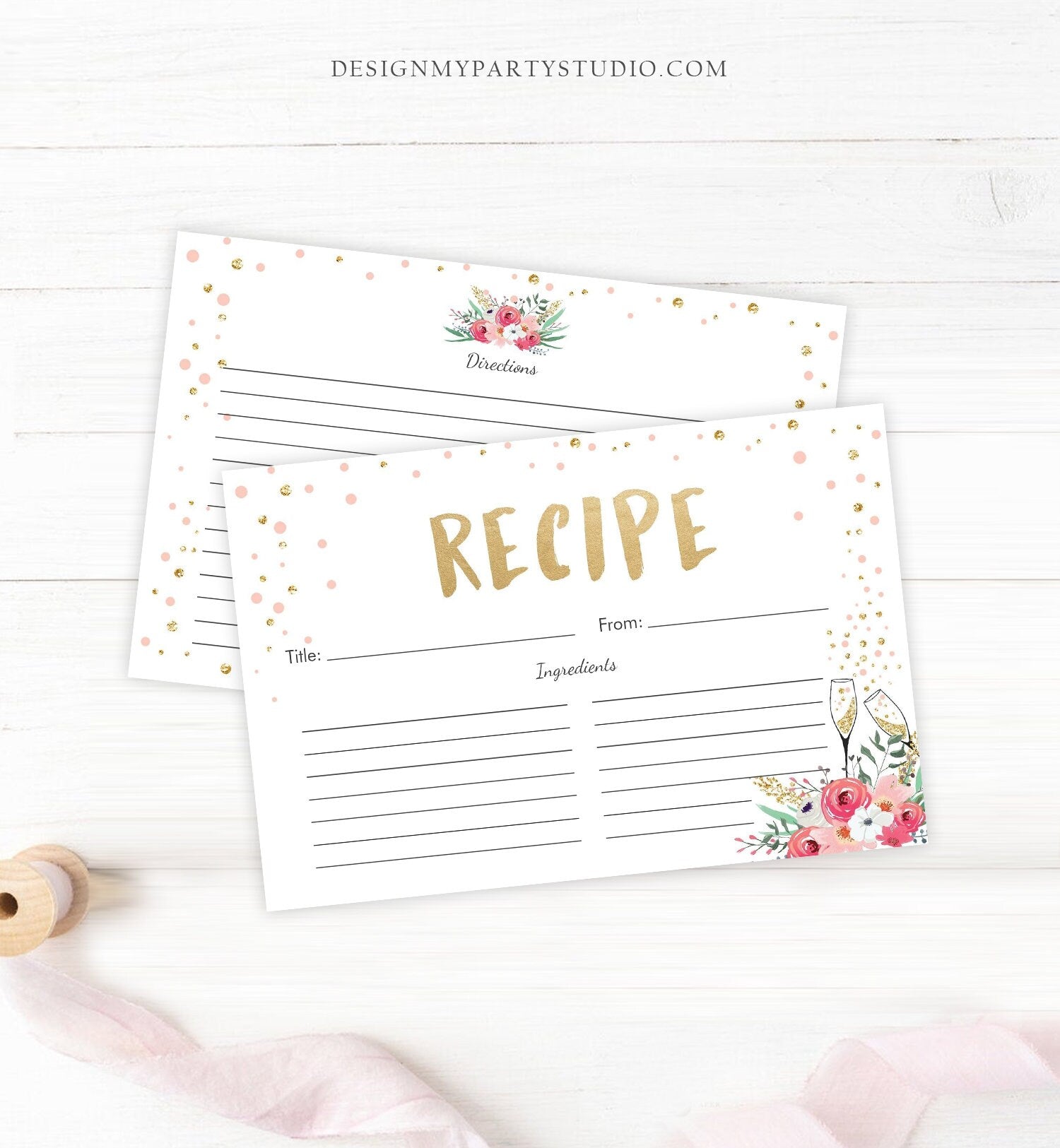 Editable Pink Floral Recipe Cards Brunch and Bubbly Bridal Shower Gold Confetti Double Sided 4x6 Download Corjl Template Printable 0030 0318