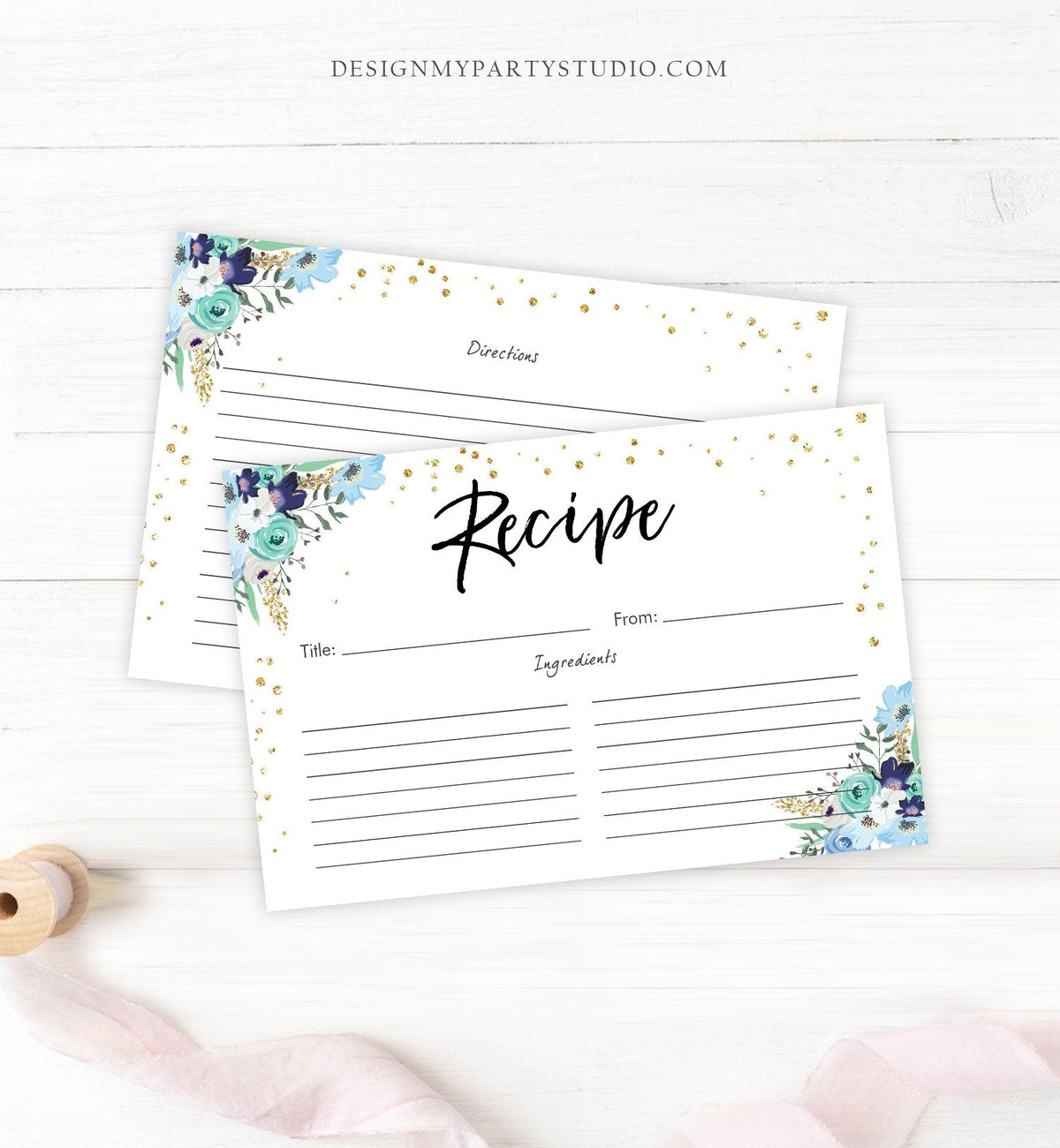 Editable Blue Floral Recipe Cards Travel Adventure Bridal Shower Traveling to Mrs Navy Gold Confetti Double Sided 4x6 Corjl Template 0030