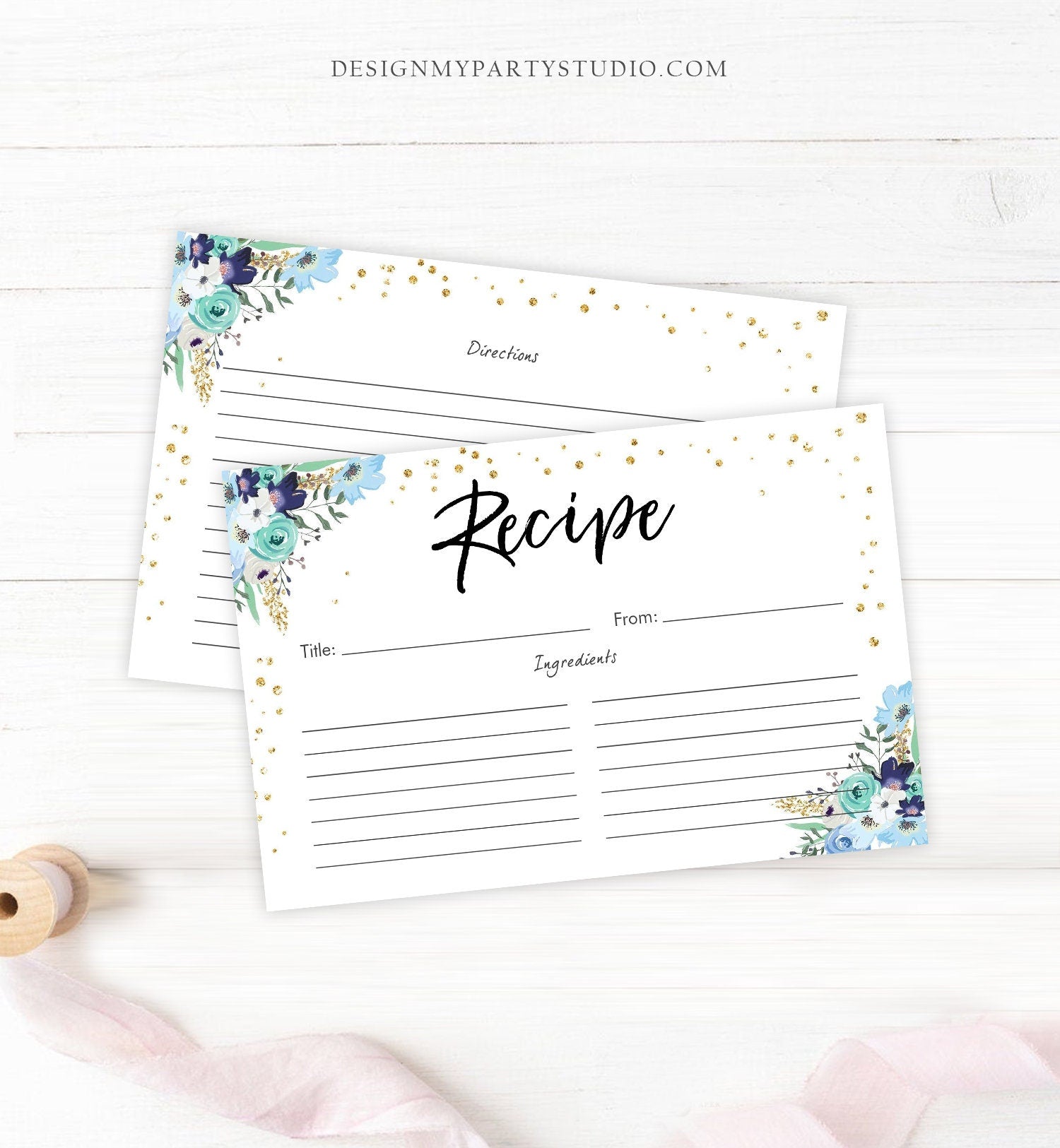 Editable Blue Floral Recipe Cards Travel Adventure Bridal Shower Traveling to Mrs Navy Gold Confetti Double Sided 4x6 Corjl Template 0030