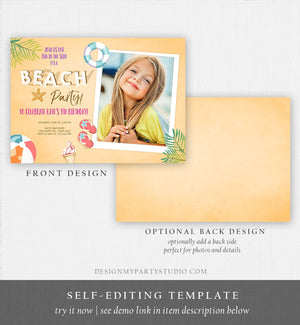 Editable Beach Party Invitation Birthday Invite Surf Party Summer Sea Sand Beach Ball Girl Pink Download Printable Template Corjl 0158