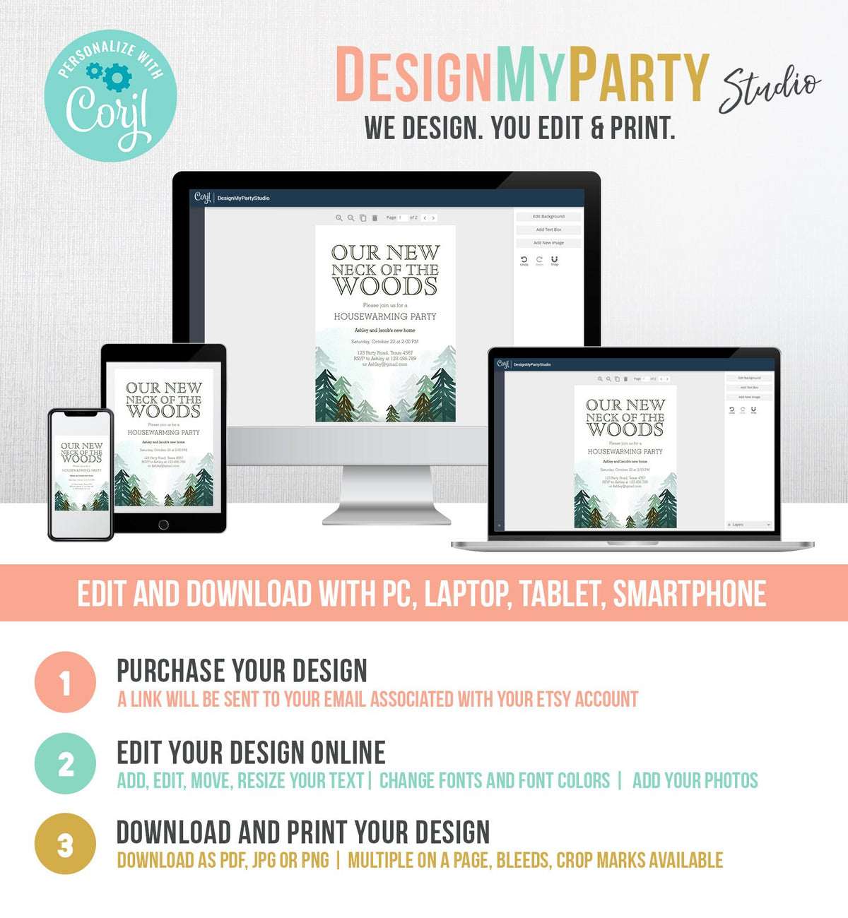 Editable Housewarming Party Invitation Our New Neck of the Woods Forest Winter Fall Party Rustic Download Corjl Template Printable 0295