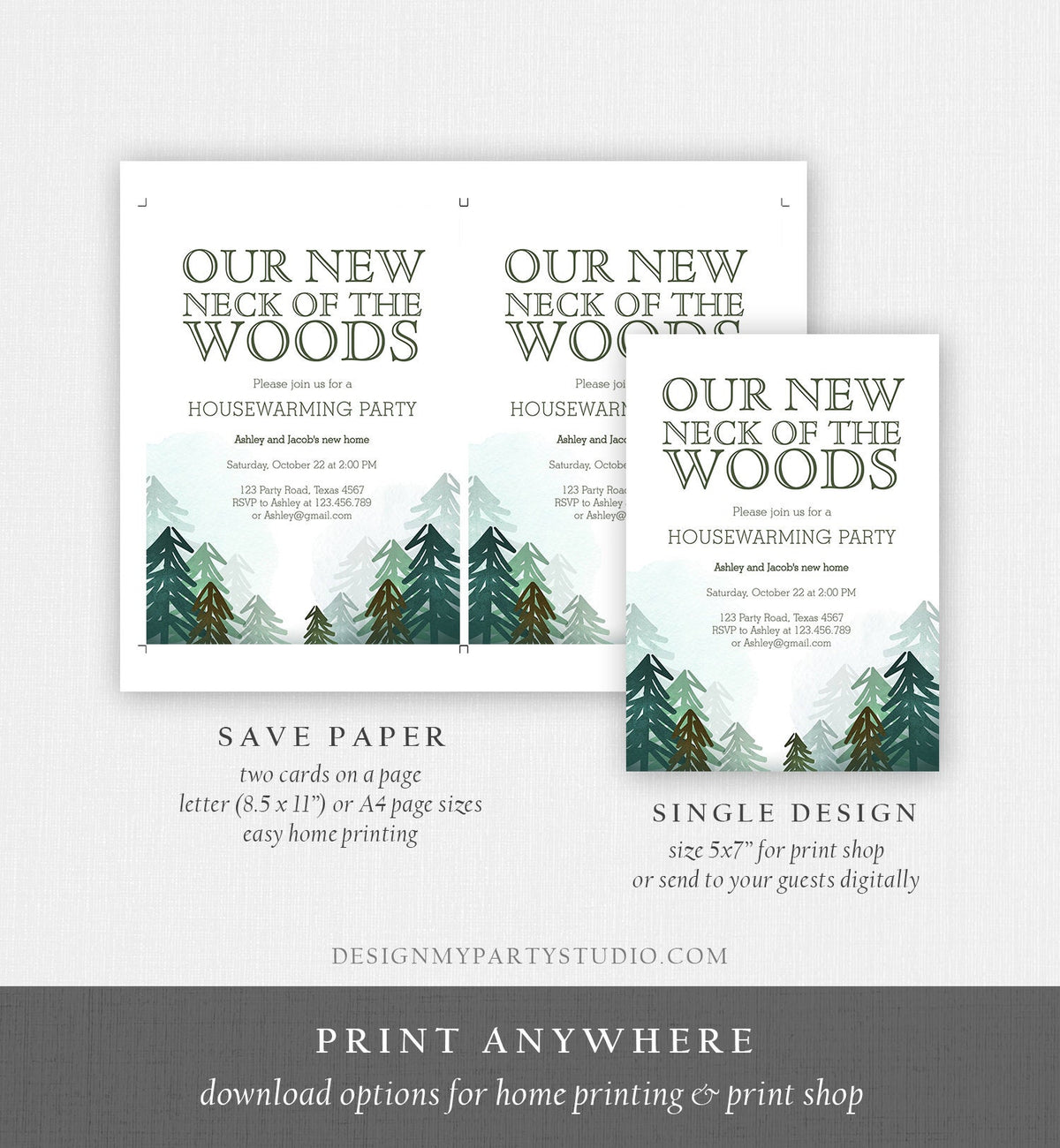 Editable Housewarming Party Invitation Our New Neck of the Woods Forest Winter Fall Party Rustic Download Corjl Template Printable 0295