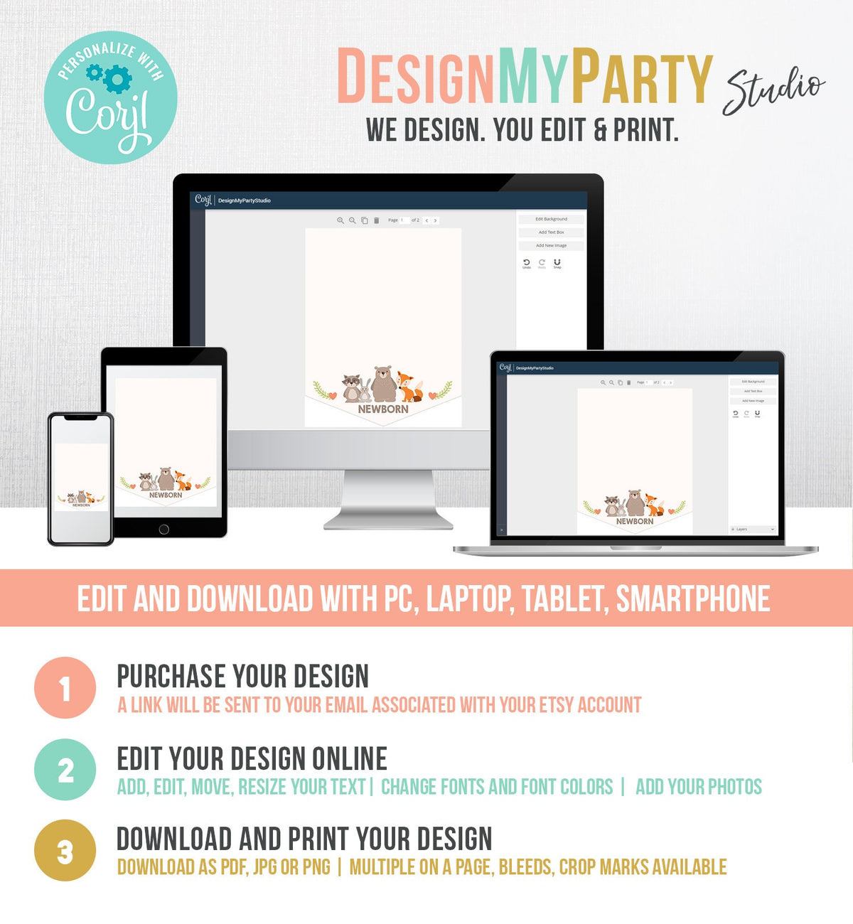 Editable Woodland Animals Monthly Photo Banner Birthday First Birthday 1st Banner Forest Animals Bear Fox Boy Party Corjl Template 0010