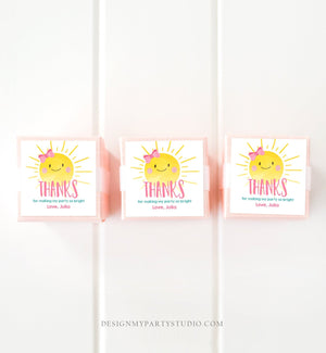 Editable Little Sunshine Favor Tags Girl Pink First Birthday Thank You Tags Label Sun Bow Square Round Corjl Template Printable 0141