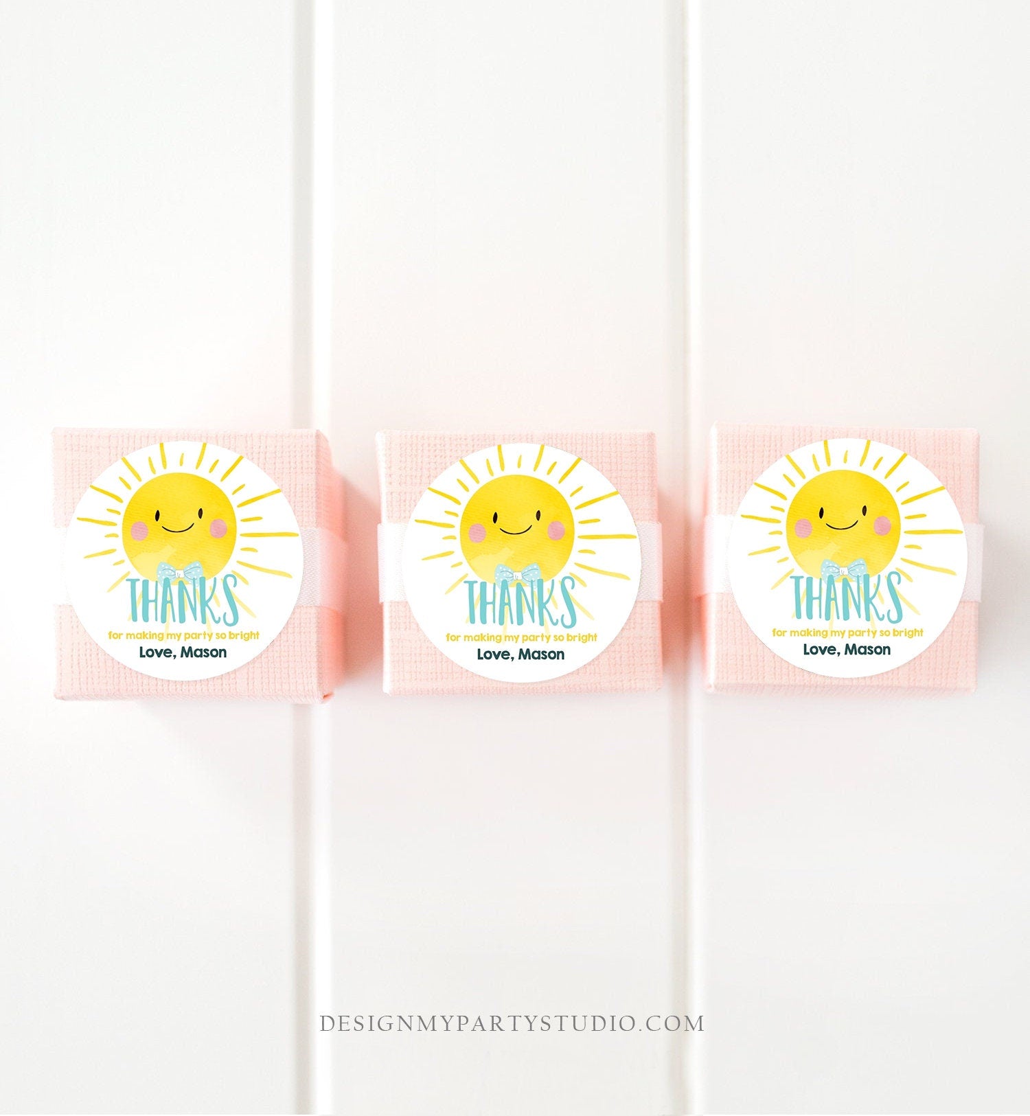 Editable Little Sunshine Favor Tags Boy Blue First Birthday Thank You Tags Label Sun Bow Tie Square Round Corjl Template Printable 0141