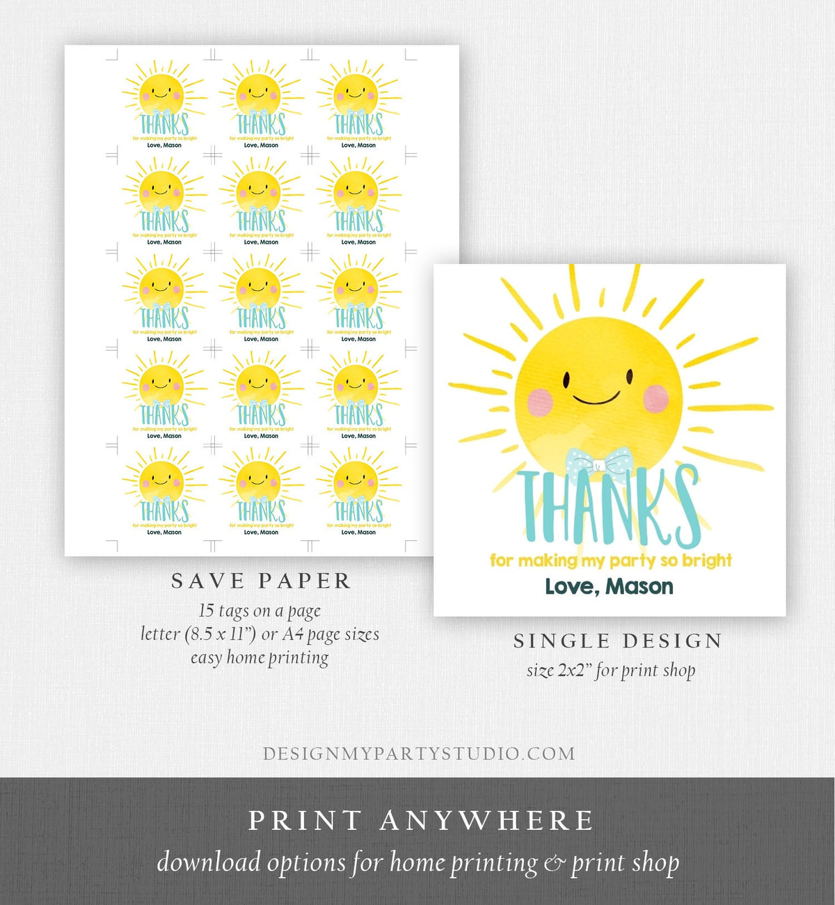 Editable Little Sunshine Favor Tags Boy Blue First Birthday Thank You Tags Label Sun Bow Tie Square Round Corjl Template Printable 0141