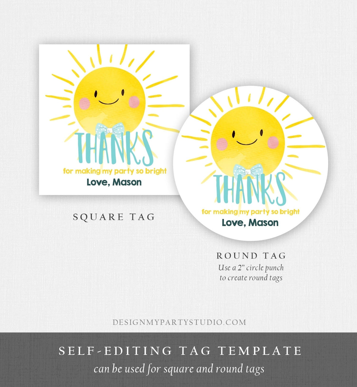Editable Little Sunshine Favor Tags Boy Blue First Birthday Thank You Tags Label Sun Bow Tie Square Round Corjl Template Printable 0141
