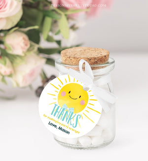 Editable Little Sunshine Favor Tags Boy Blue First Birthday Thank You Tags Label Sun Bow Tie Square Round Corjl Template Printable 0141