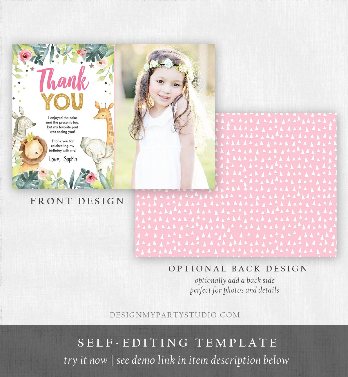 Editable Thank You Card Safari Animals Wild One Two Wild Thank You Note Girl Pink Gold Jungle Zoo Party Animals Corjl Template Digital 0163