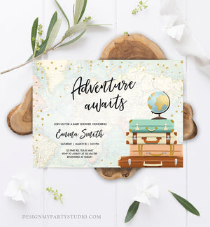 Editable Adventure Awaits Baby Shower Invitation Sprinkle Gold Confetti Suitcases Globe Travel Around World Printable Corjl Template 0263