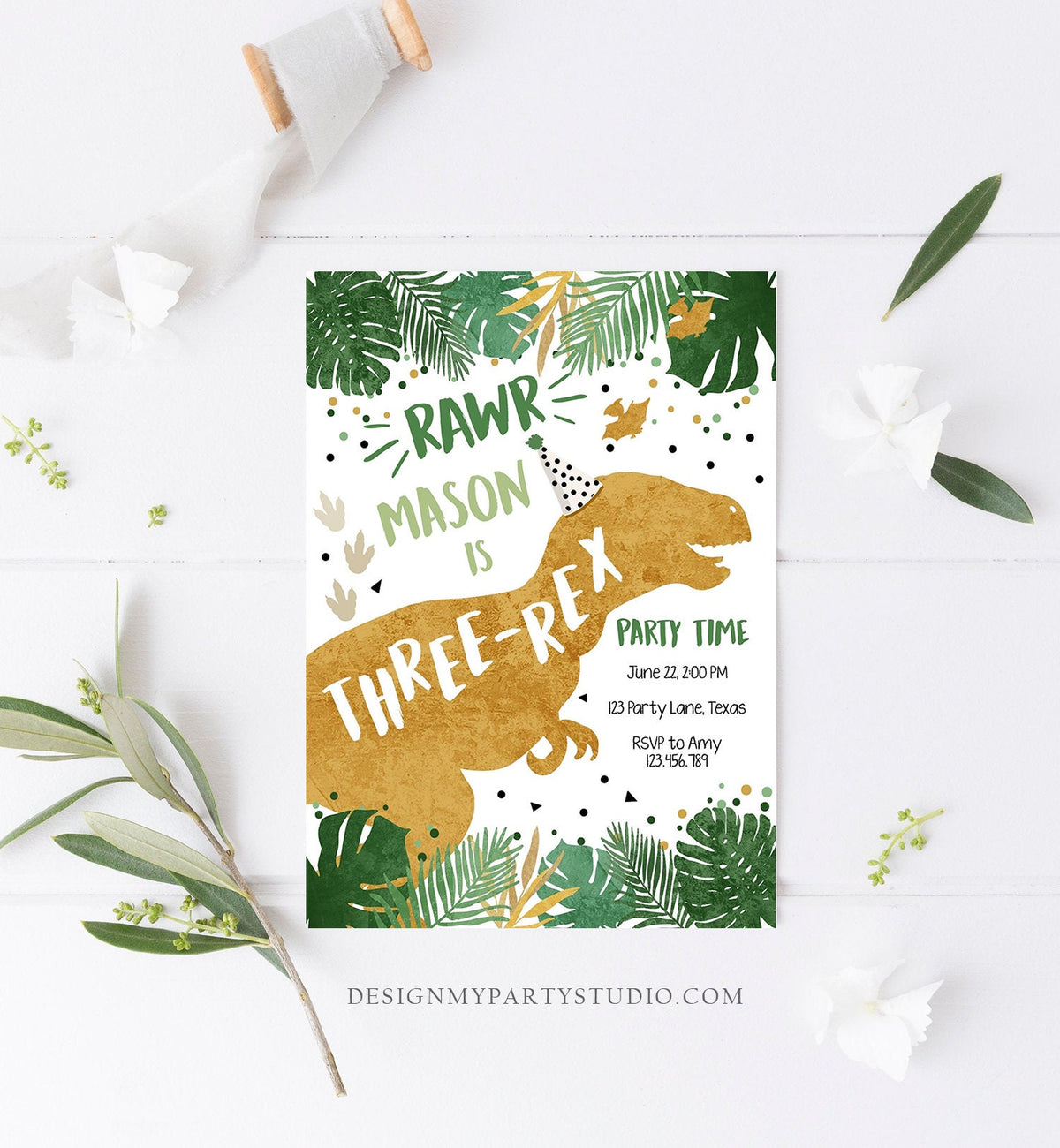 Editable Three-Rex Dinosaur Birthday Invitation Dino T-Rex Third Birthday 3rd Digital Download Prehistoric Printable Evite Template 0146
