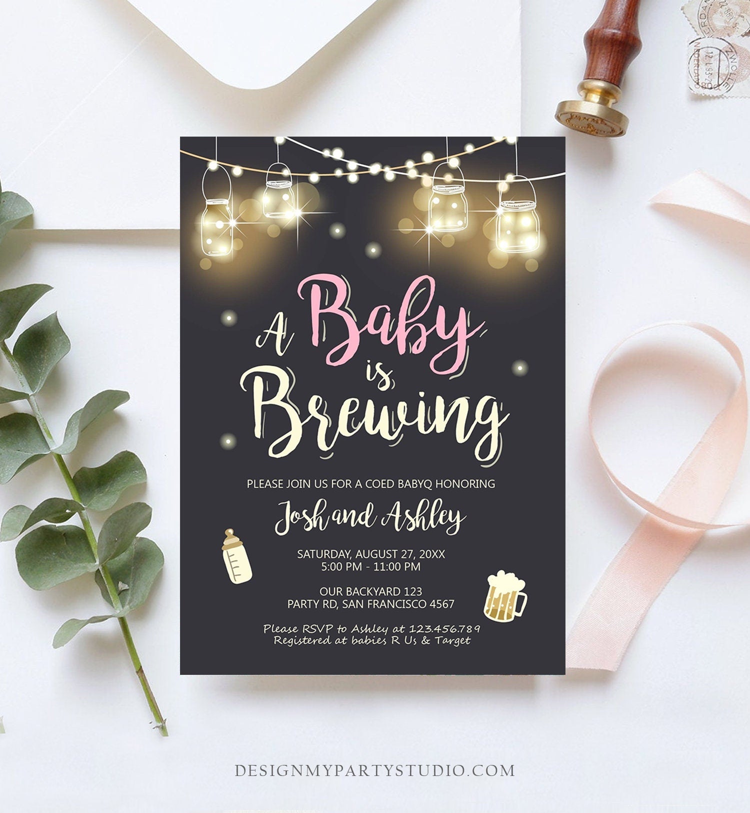 Editable A Baby is Brewing Invitation Bottle and Beers Baby Shower BaByQ BBQ Coed Couples Shower Girl Download Printable Template Evite 0024