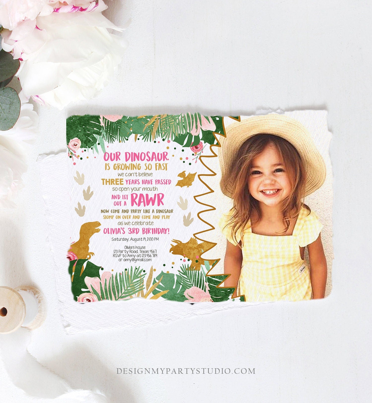 Editable Dinosaur Birthday Invitation ANY AGE Dino Dig Party Prehistoric Girl Pink Gold T-Rex Photo Digital Download Template Printable 0146