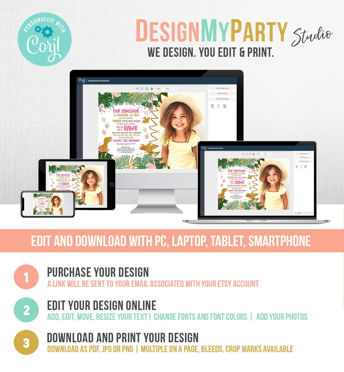 Editable Dinosaur Birthday Invitation ANY AGE Dino Dig Party Prehistoric Girl Pink Gold T-Rex Photo Digital Download Template Printable 0146