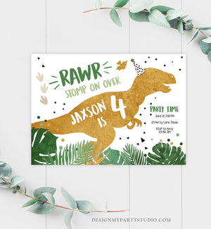 Editable Dinosaur Birthday Invitation ANY AGE Dino Dig Party Prehistoric Boy Gold Green T-Rex Photo Download Printable Corjl Template 0146