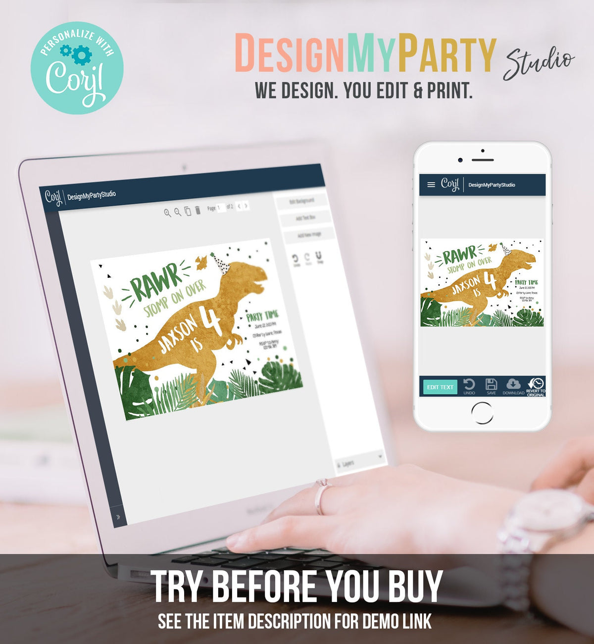 Editable Dinosaur Birthday Invitation ANY AGE Dino Dig Party Prehistoric Boy Gold Green T-Rex Photo Download Printable Corjl Template 0146