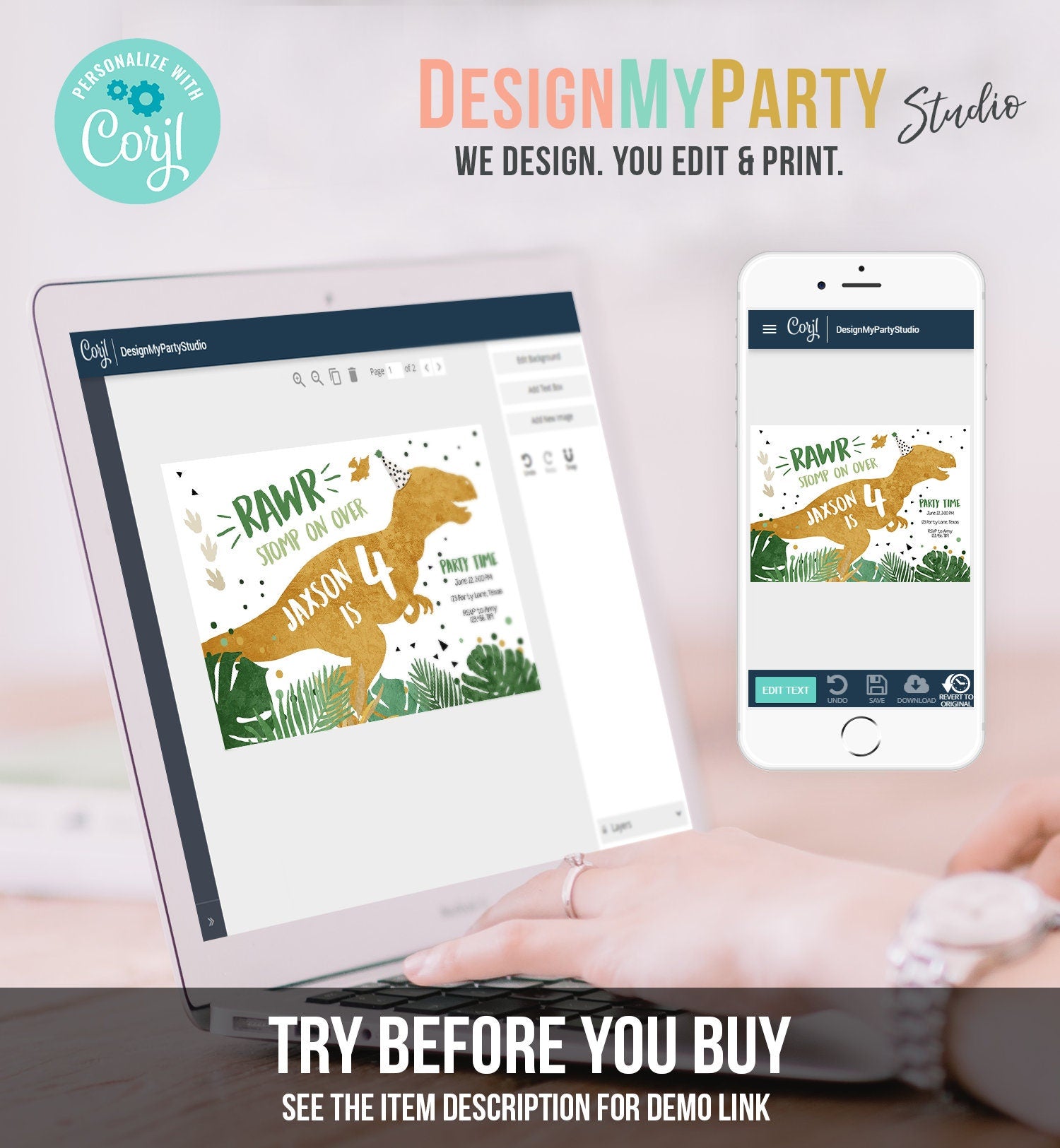 Editable Dinosaur Birthday Invitation ANY AGE Dino Dig Party Prehistoric Boy Gold Green T-Rex Photo Download Printable Corjl Template 0146