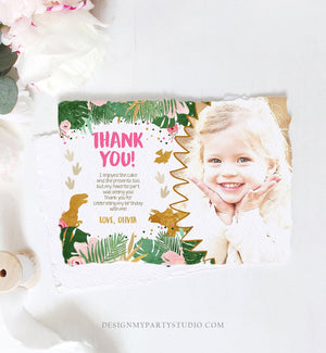 Editable Dinosaur Thank You Card Birthday Note Pink Gold Girl Dino Party T-Rex Photo Instant Download Printable Corjl Template Digital 0146