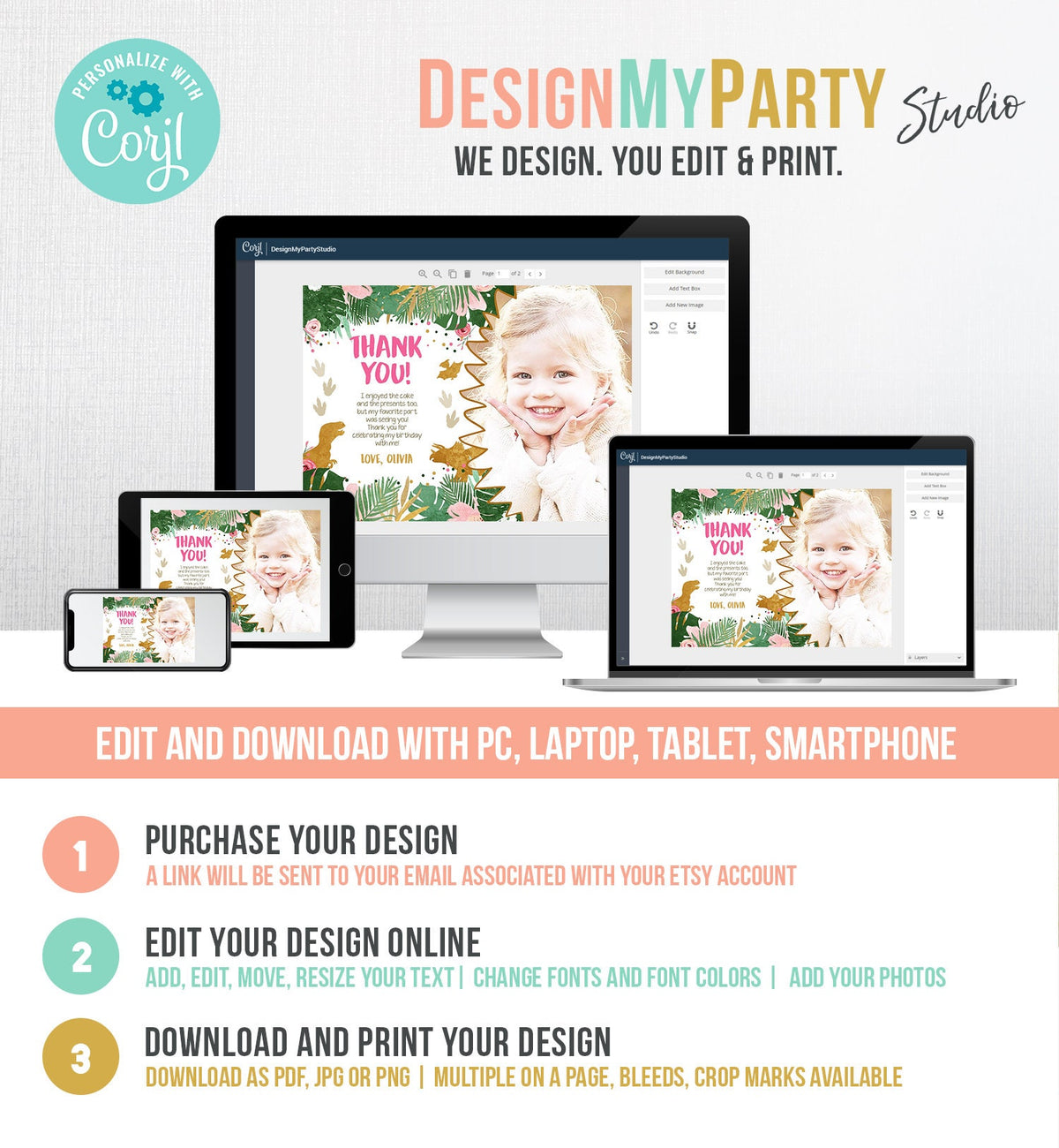 Editable Dinosaur Thank You Card Birthday Note Pink Gold Girl Dino Party T-Rex Photo Instant Download Printable Corjl Template Digital 0146