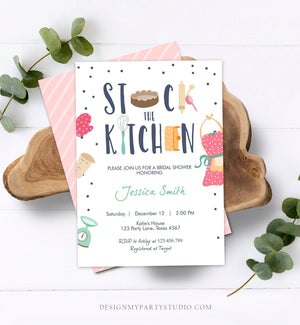 Editable Stock the Kitchen Bridal Shower Invitation Cooking Kitchen Shower Pink Invite Pots and Pans Download Printable Template Corjl 0219