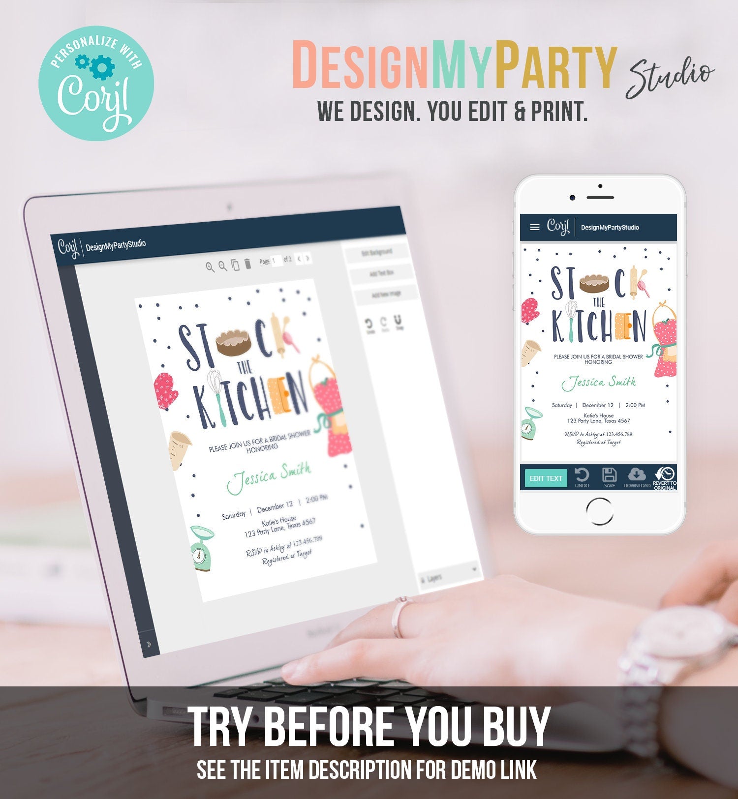 Editable Stock the Kitchen Bridal Shower Invitation Cooking Kitchen Shower Pink Invite Pots and Pans Download Printable Template Corjl 0219