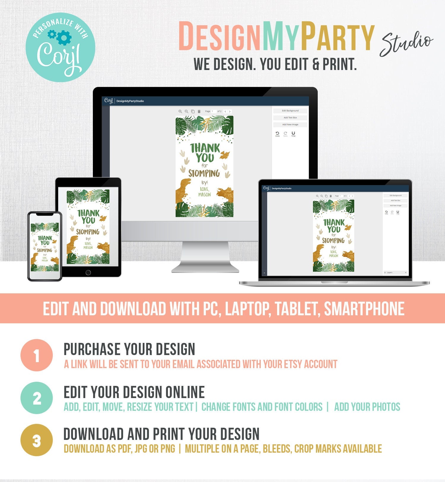 Editable Dinosaur Favor Tags Gift Tag Boy Green Gold Thank You for Stomping By Tag Birthday Dino Party T-Rex Digital Template Printable 0146