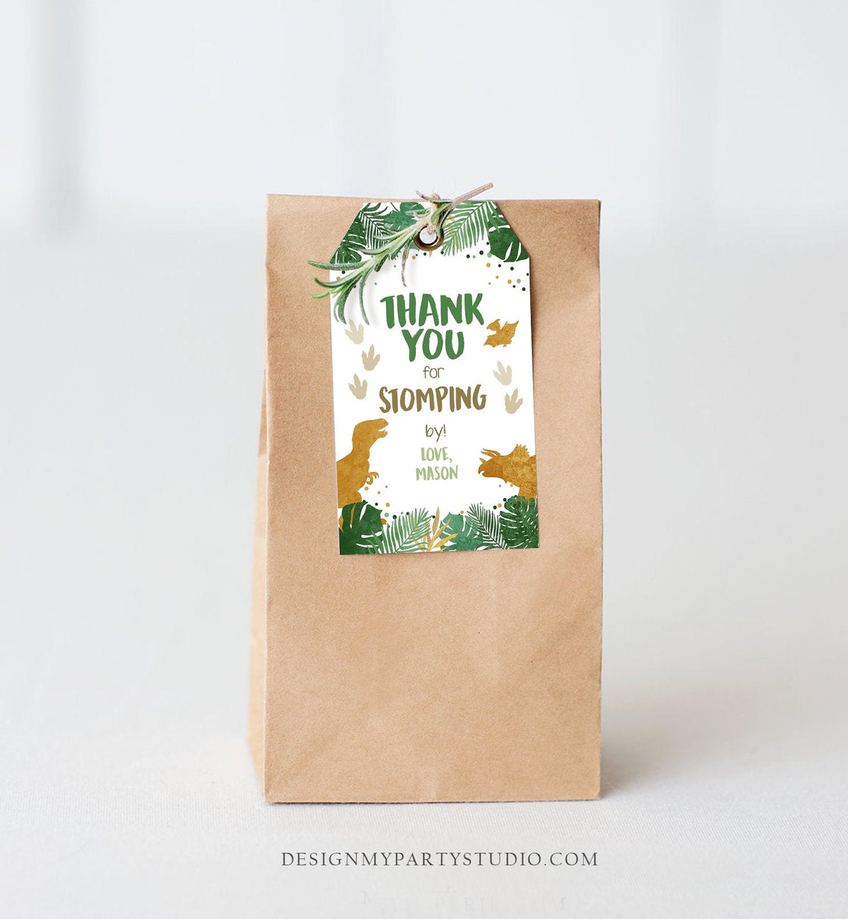 Editable Dinosaur Favor Tags Gift Tag Boy Green Gold Thank You for Stomping By Tag Birthday Dino Party T-Rex Digital Template Printable 0146