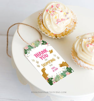 Editable Dinosaur Favor Tags Gift Tag Girl Pink Gold Thank You for Stomping By Tag Birthday Dino Party T-Rex Corjl Template Printable 0146