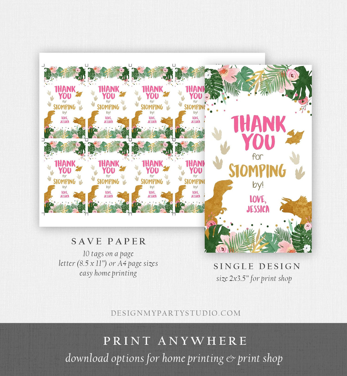 Editable Dinosaur Favor Tags Gift Tag Girl Pink Gold Thank You for Stomping By Tag Birthday Dino Party T-Rex Digital Template Printable 0146