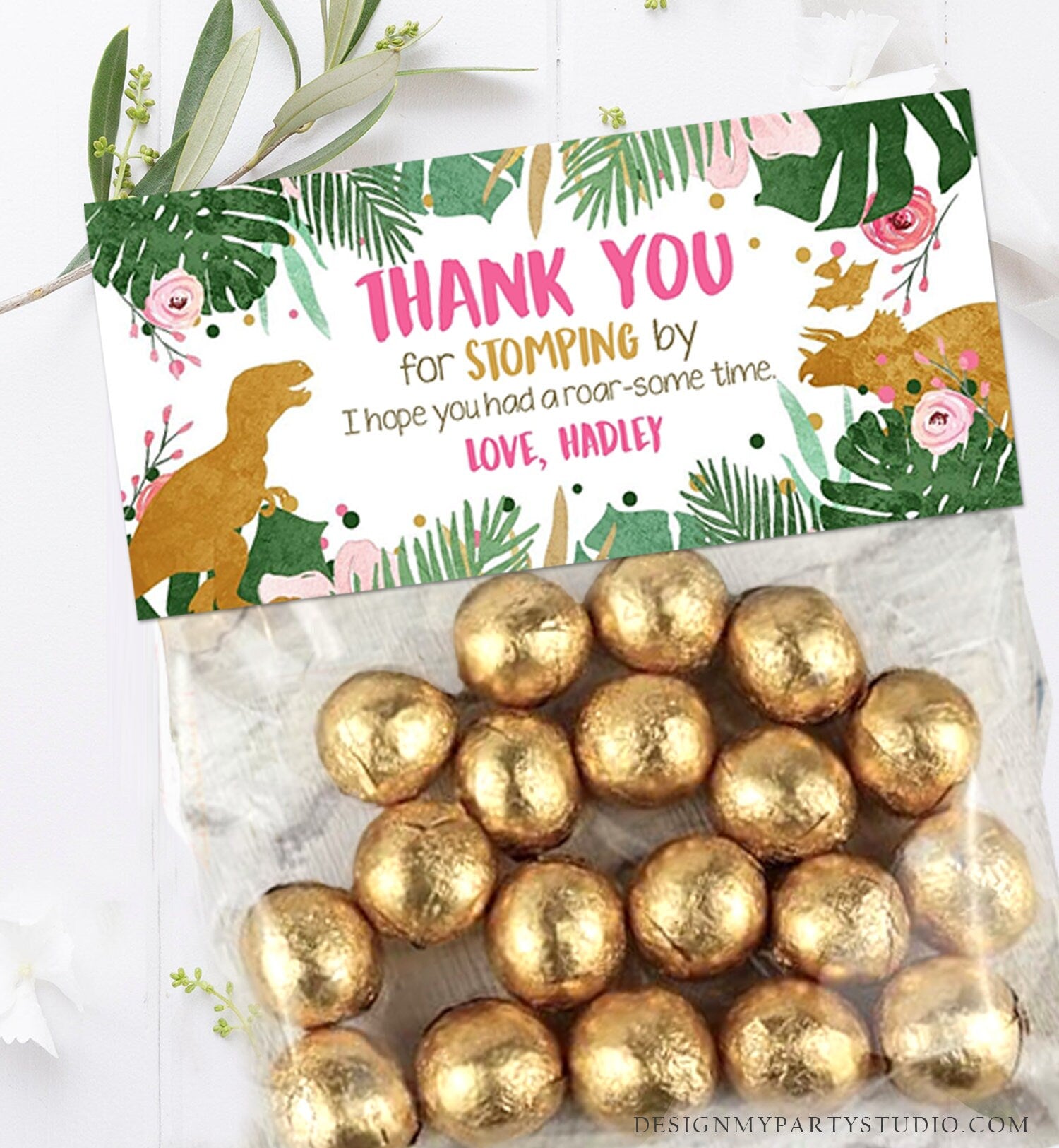 Editable Dinosaur Treat Bag Toppers Girl Pink Gold Dinosaur Birthday Thank You for Stomping By Dino Favor Bag Corjl Template Printable 0146