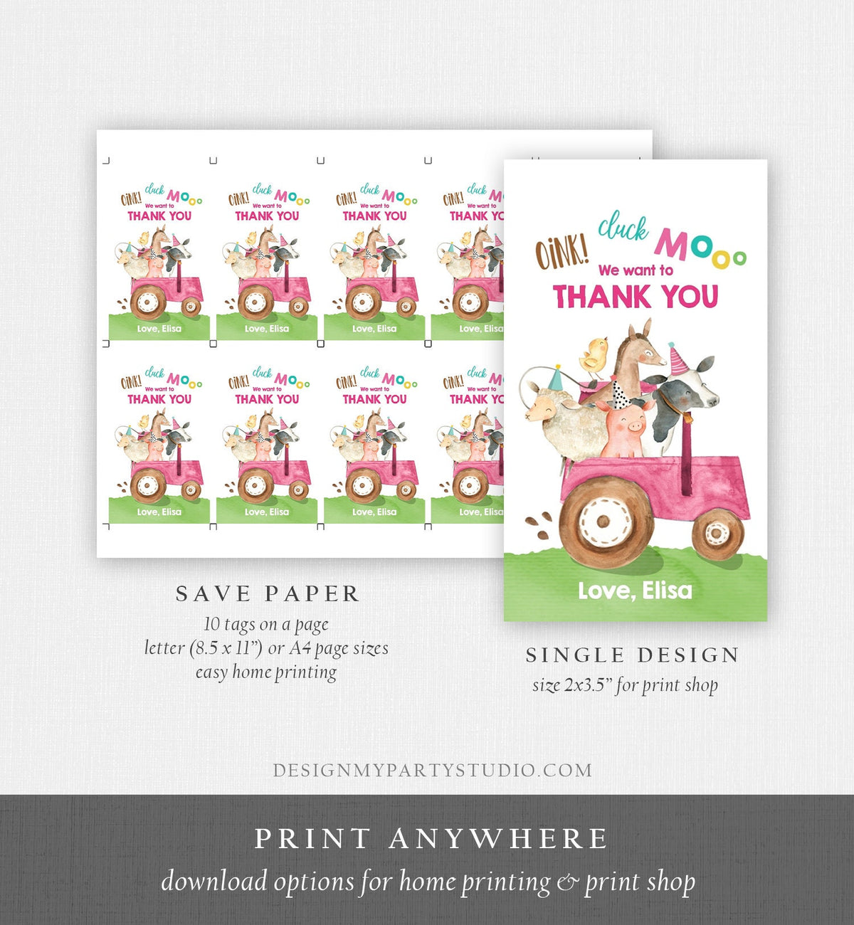 Editable Farm Favor Tags Tags Pink Farm Birthday Thank you tags Barnyard Gift Tags Pink Tractor Birthday Digital Template Printable 0155