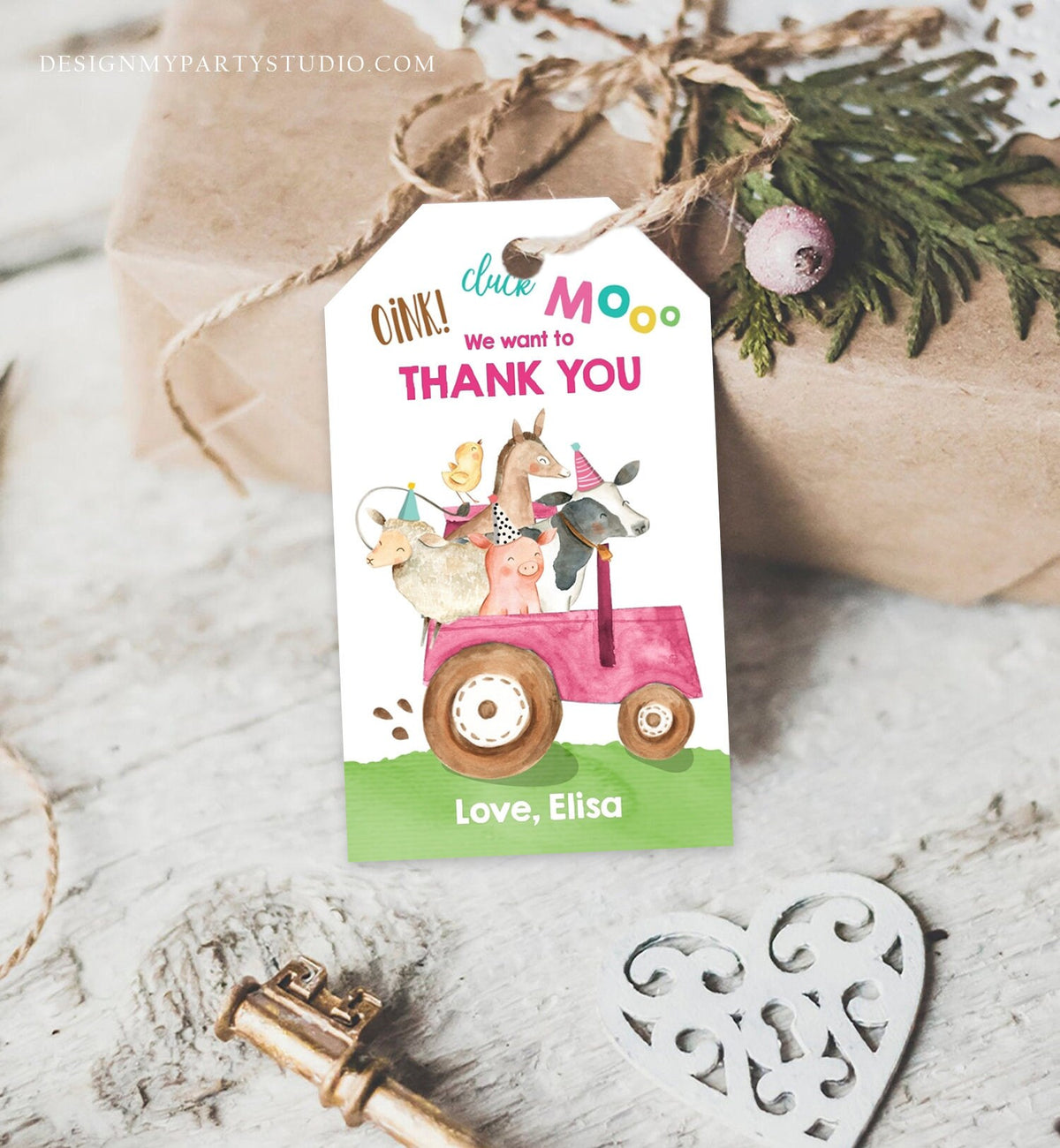 Editable Farm Favor Tags Tags Pink Farm Birthday Thank you tags Barnyard Gift Tags Pink Tractor Birthday Digital Template Printable 0155