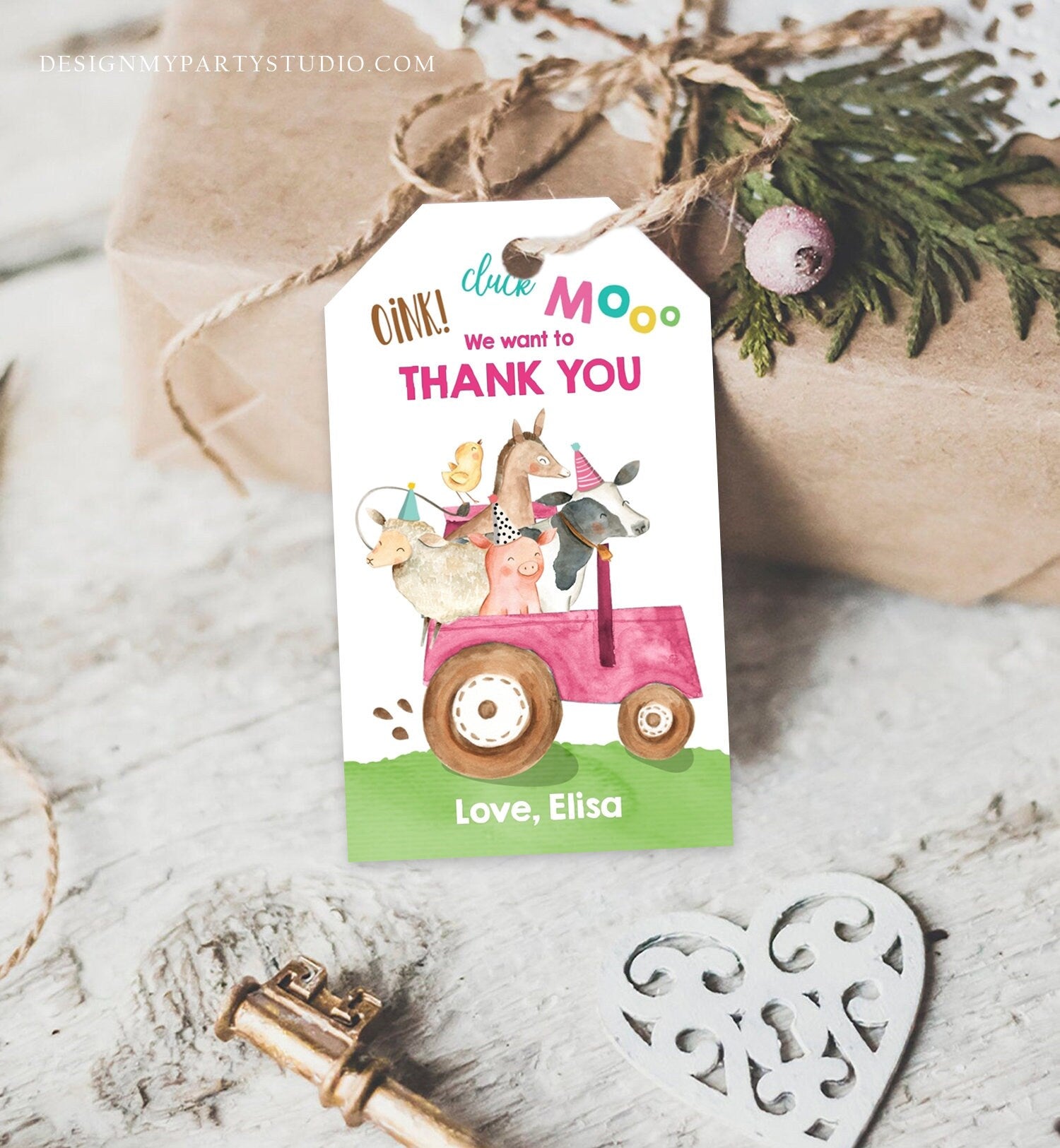 Editable Farm Favor Tags Tags Pink Farm Birthday Thank you tags Barnyard Gift Tags Pink Tractor Birthday Digital Template Printable 0155