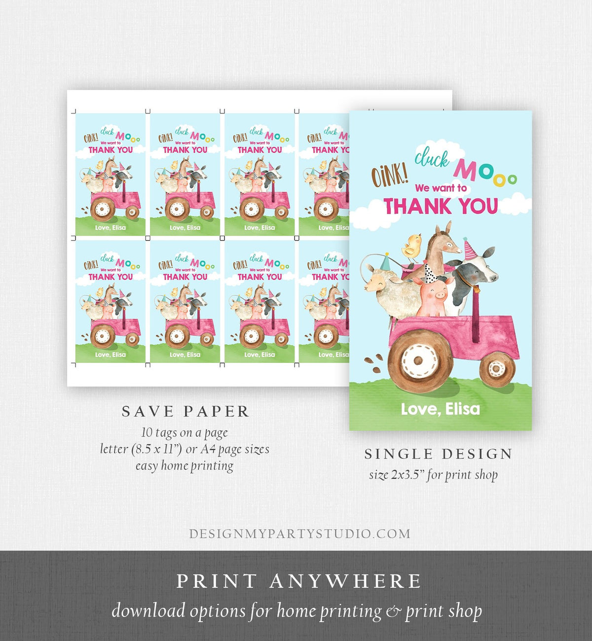 Editable Farm Favor Tags Tags Pink Farm Birthday Thank you tags Barnyard Gift Tags Pink Tractor Birthday Template PRINTABLE Corjl 0155