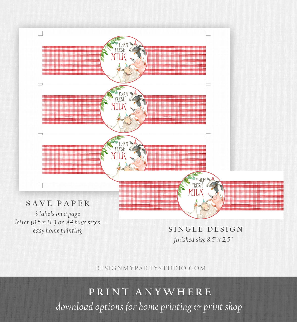 Editable Milk Bottle Labels Farm Animals Birthday Barnyard Boy Red Gingham Cow Pig Milk Jar Bottle Wrap Printable Digital Template 0155