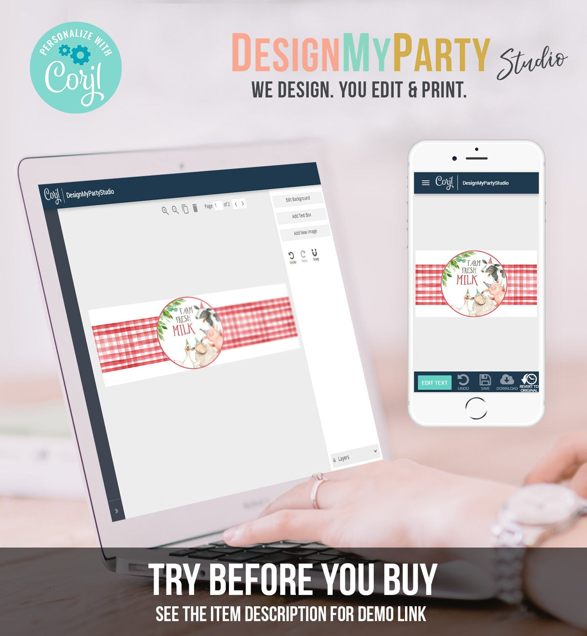 Editable Milk Bottle Labels Farm Animals Birthday Barnyard Boy Red Gingham Cow Pig Milk Jar Bottle Wrap Printable Digital Template 0155