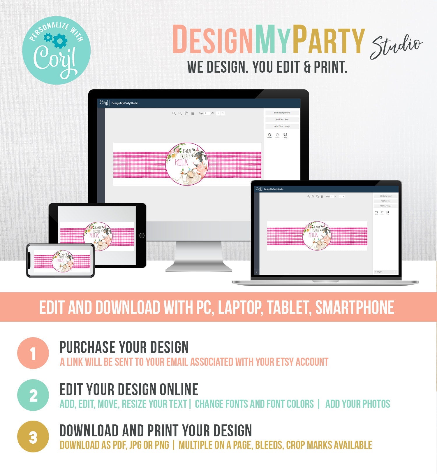 Editable Milk Bottle Labels Farm Animals Birthday Barnyard Pink Farm Girl Gingham Cow Pig Milk Jar Wrap Digital Template Printable 0155 160