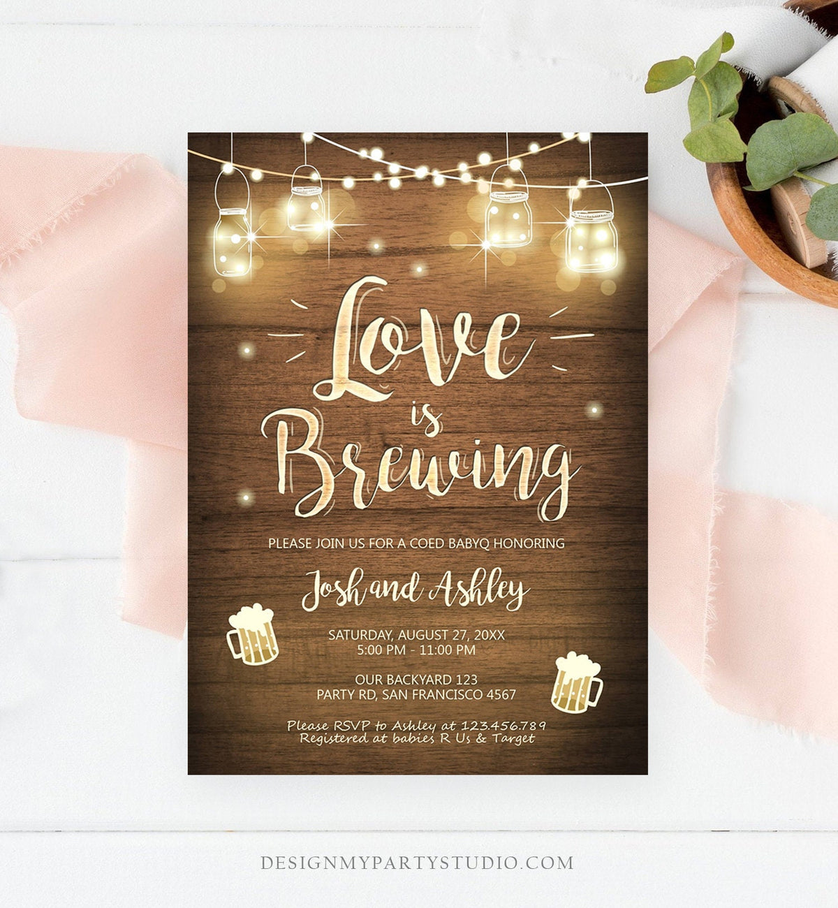 Editable Love is Brewing Invitation Bridal Shower Beer BBQ Rehearsal Dinner Wedding Couples Shower Rustic Template Corjl Printable 0015
